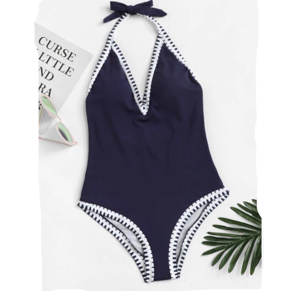 Ekouaer One Piece Swimsuit Blue and White Halter